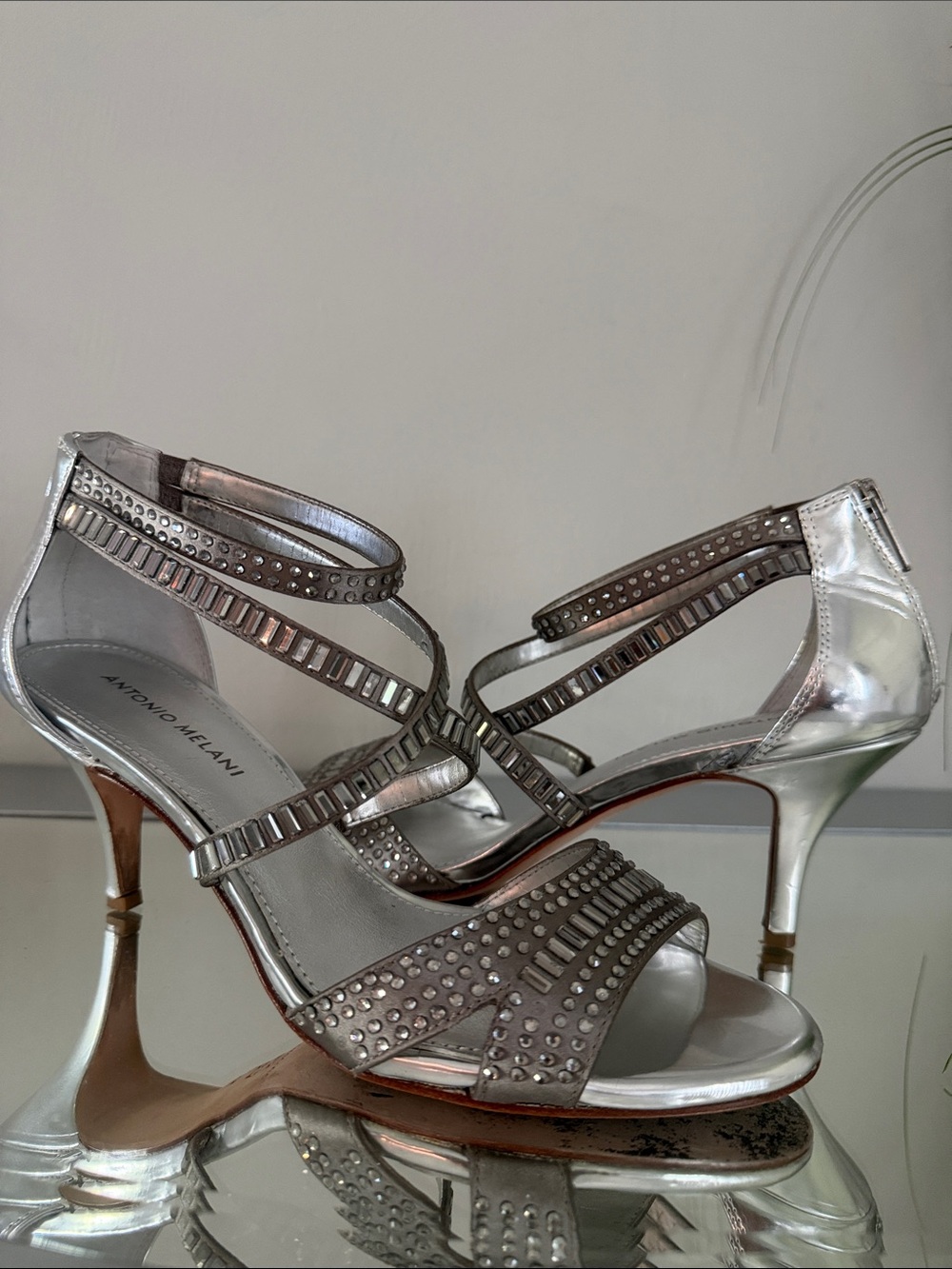 ANTONIO MELANI Tess Silver Rhinestone Strappy Heels Sandals Size 9M - Picture 14 of 15